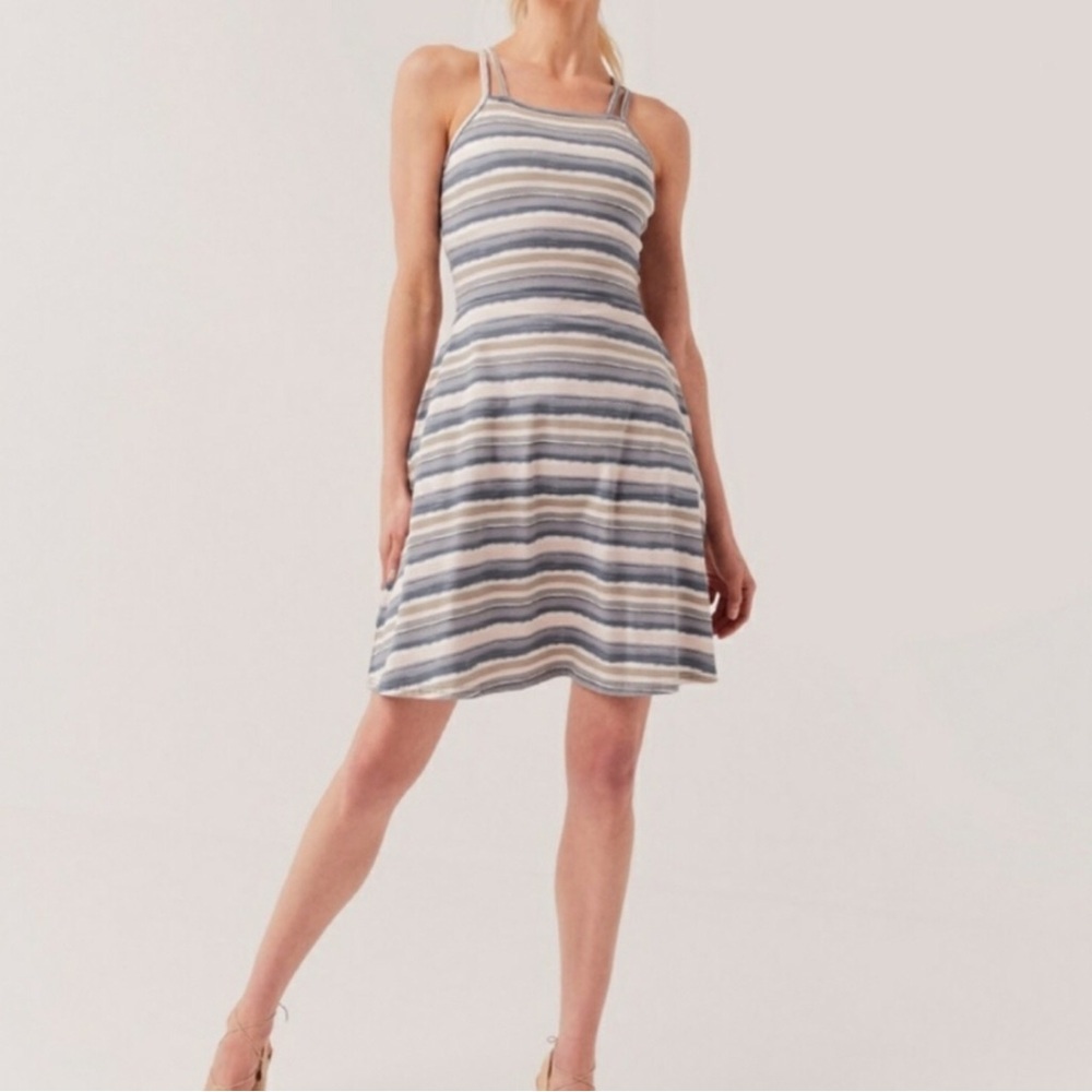 Pact Swell Striped Strappy Fit and Flare Dress Grey Activewear Organic Cotton